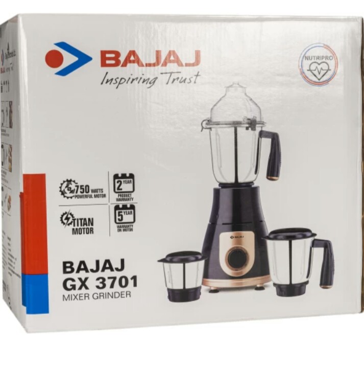 Bajaj GX-3701 750W Mixer Grinder with Nutri-Pro Feature, 3 Jars, Black